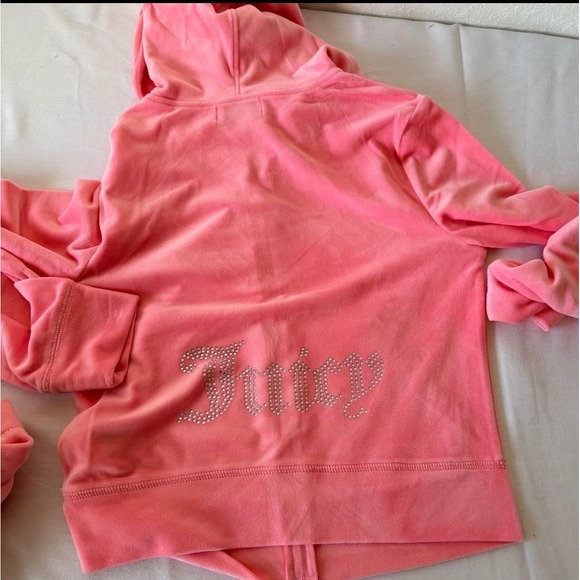 Juicy Couture Velour Tracksuit flamingo Pink Rhinestone Hoodie Pants Set Small - Picture 3 of 10